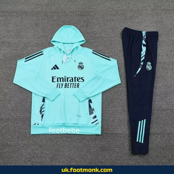Real Madrid 2024 2025 blue hooded tracksuit set.