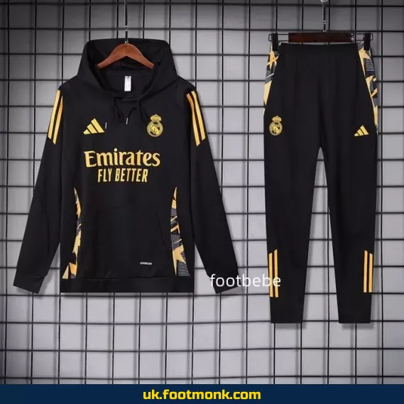 Real Madrid 2024 2025 black gold hooded tracksuit set.