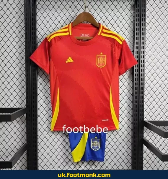 Spain home red Euro 2024 kids jersey.