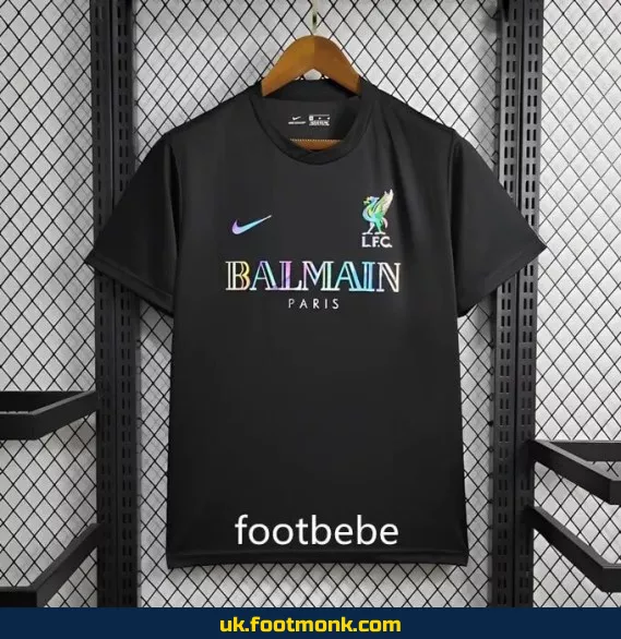 Liverpool x Balmain 2024 2025 black T-shirt jersey.
