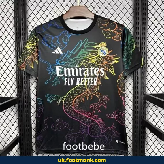 Real Madrid 2024 2025 jersey colorful dragon black.