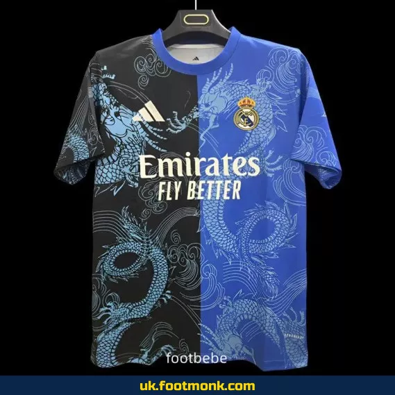 Real Madrid 2025 2026 blue black dragon jersey.
